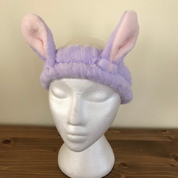 Soft Plush Bunny Ear Stretch Headband Lilac Purple with Pastel Pink - Picture 5 of 6